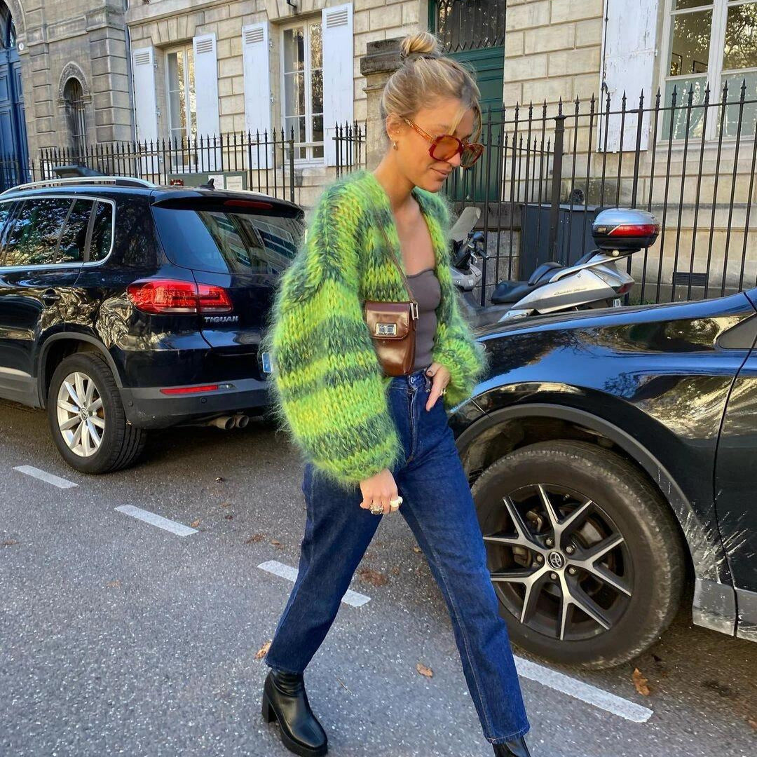 Color Striped Knitted Loose Long Sleeve Short Cardigan