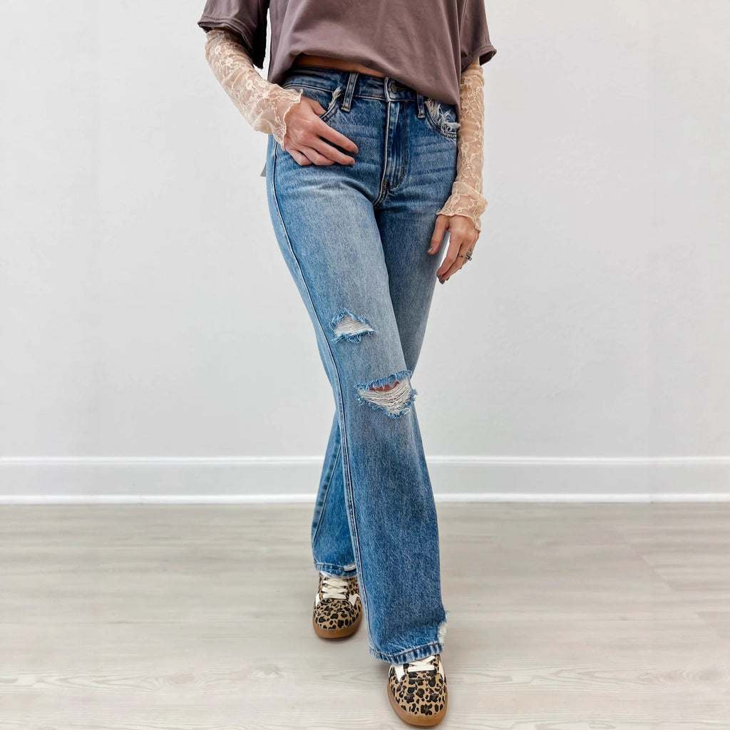 Ripped Jeans Slim-fitting Mid-waist Straight-leg Pants Distressed