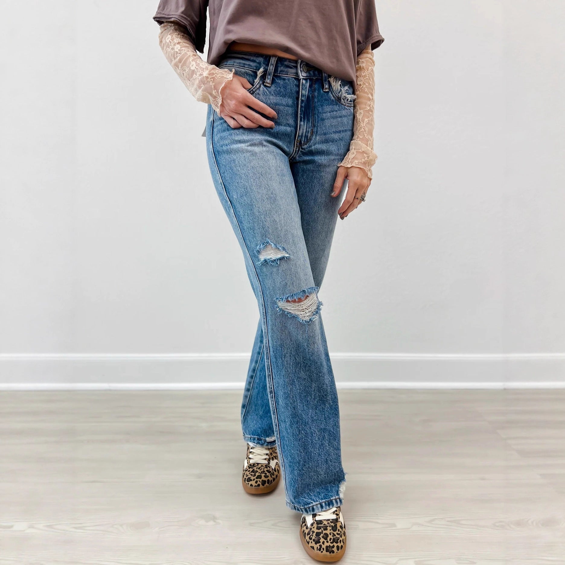 Ripped Jeans Slim-fitting Mid-waist Straight-leg Pants Distressed