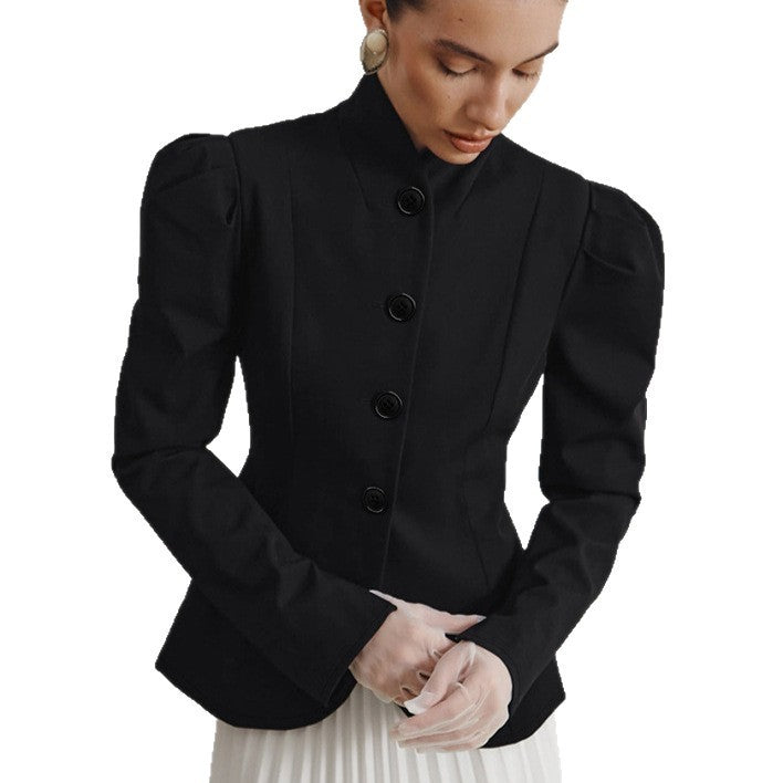 French Elegant Retro Black Stand Collar Small Suit Jacket For Women