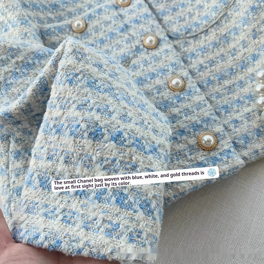 Gentle Milk Blue Pearl Buckle Classic Style Woolen Coat Female