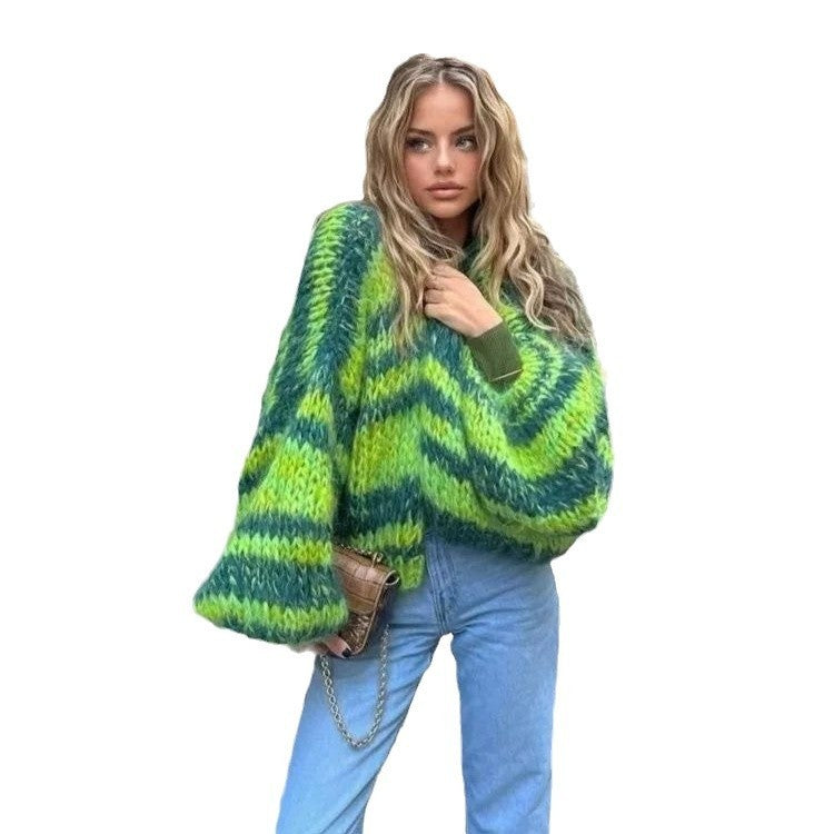 Color Striped Knitted Loose Long Sleeve Short Cardigan