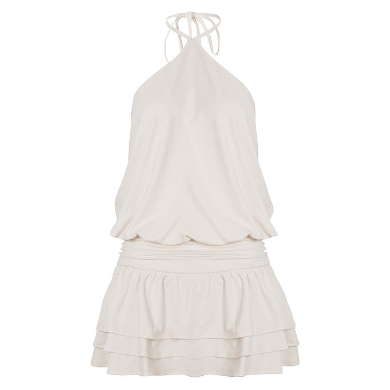 Solid Color Waist Tight Lace-up Halterneck Dress