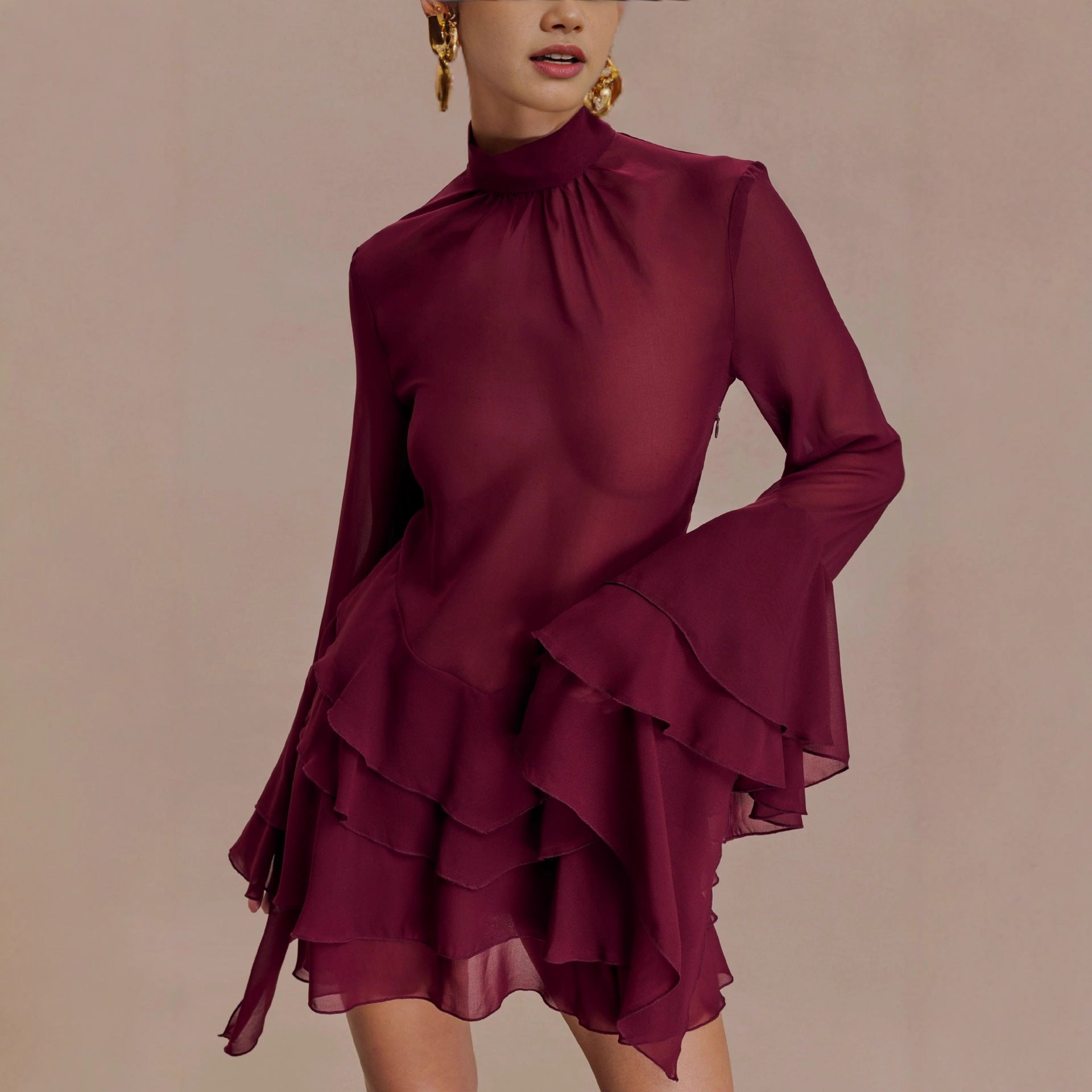 New Elegant Temperament Trumpet Sleeve Sexy Chiffon Dress