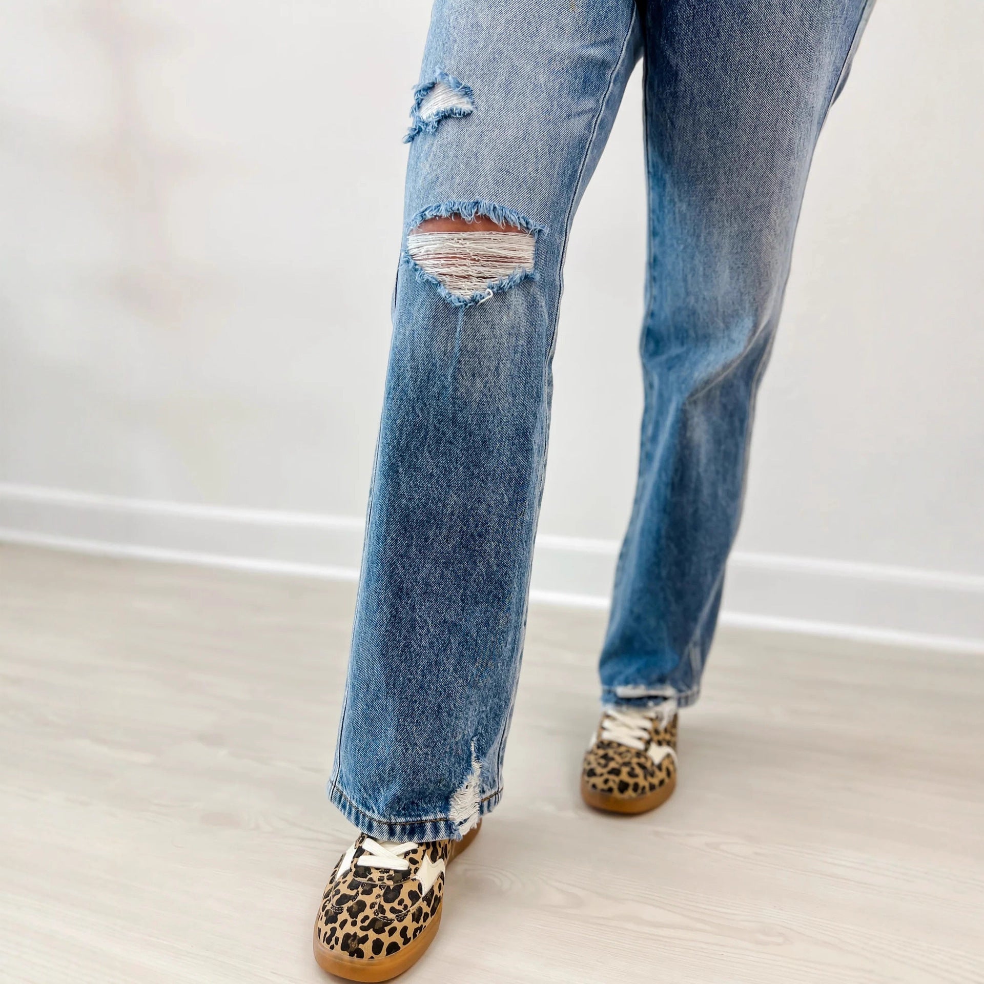 Ripped Jeans Slim-fitting Mid-waist Straight-leg Pants Distressed