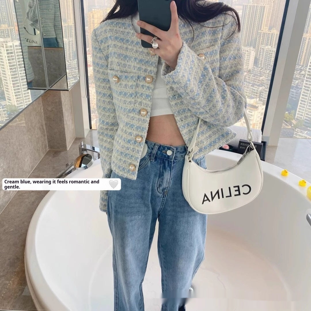 Gentle Milk Blue Pearl Buckle Classic Style Woolen Coat Female