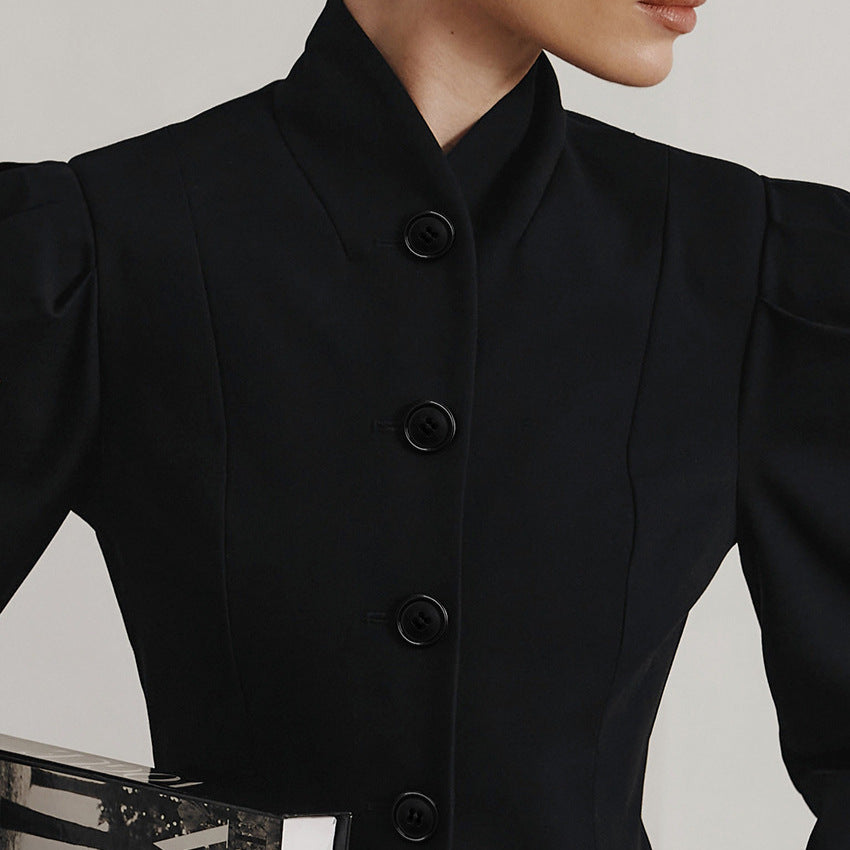 French Elegant Retro Black Stand Collar Small Suit Jacket For Women