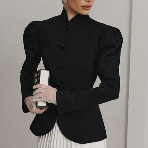 French Elegant Retro Black Stand Collar Small Suit Jacket For Women