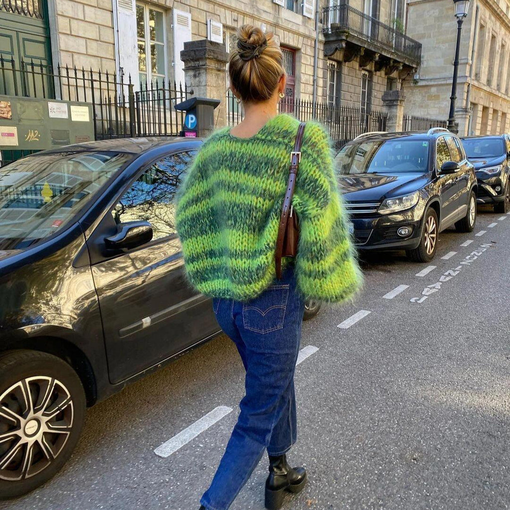 Color Striped Knitted Loose Long Sleeve Short Cardigan