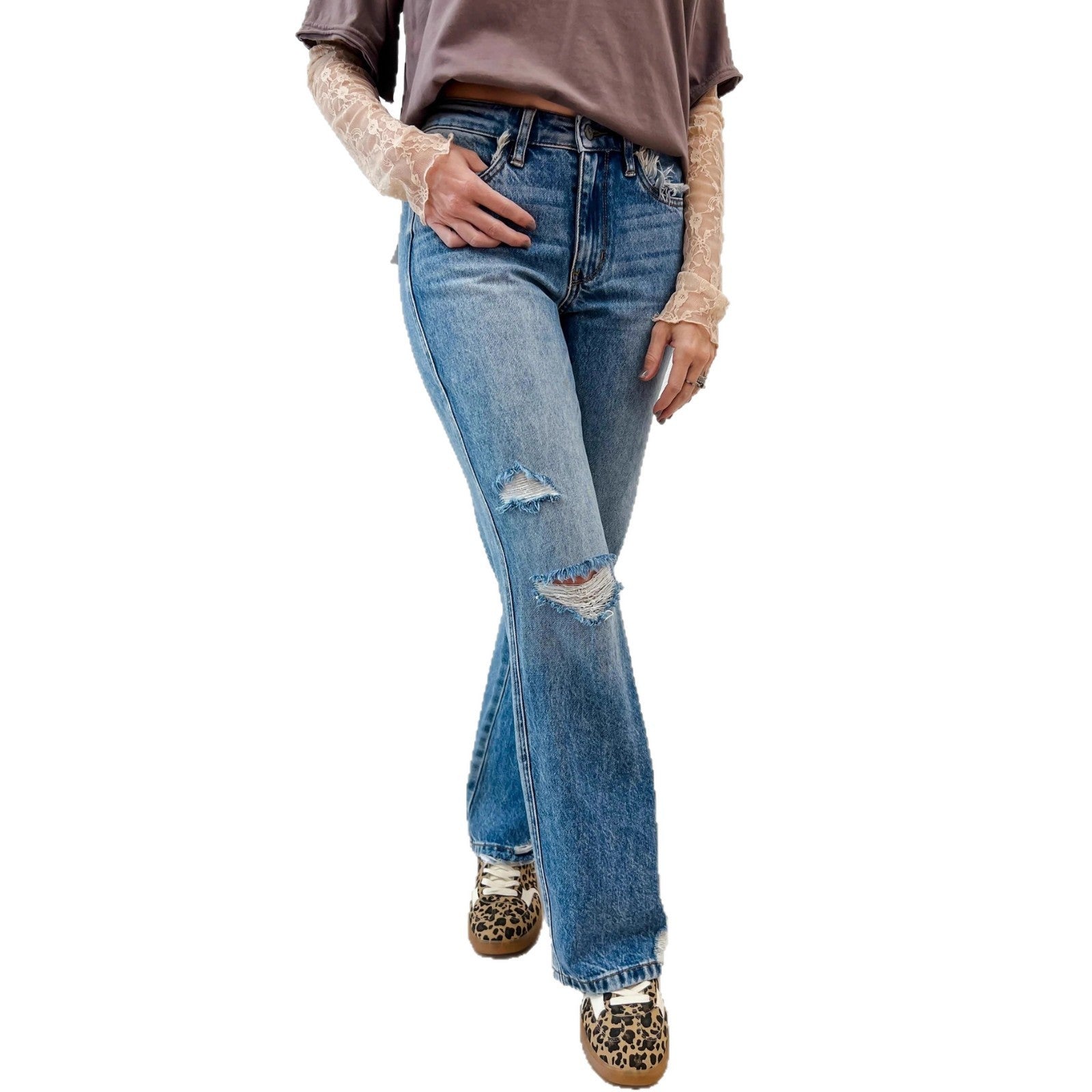 Ripped Jeans Slim-fitting Mid-waist Straight-leg Pants Distressed