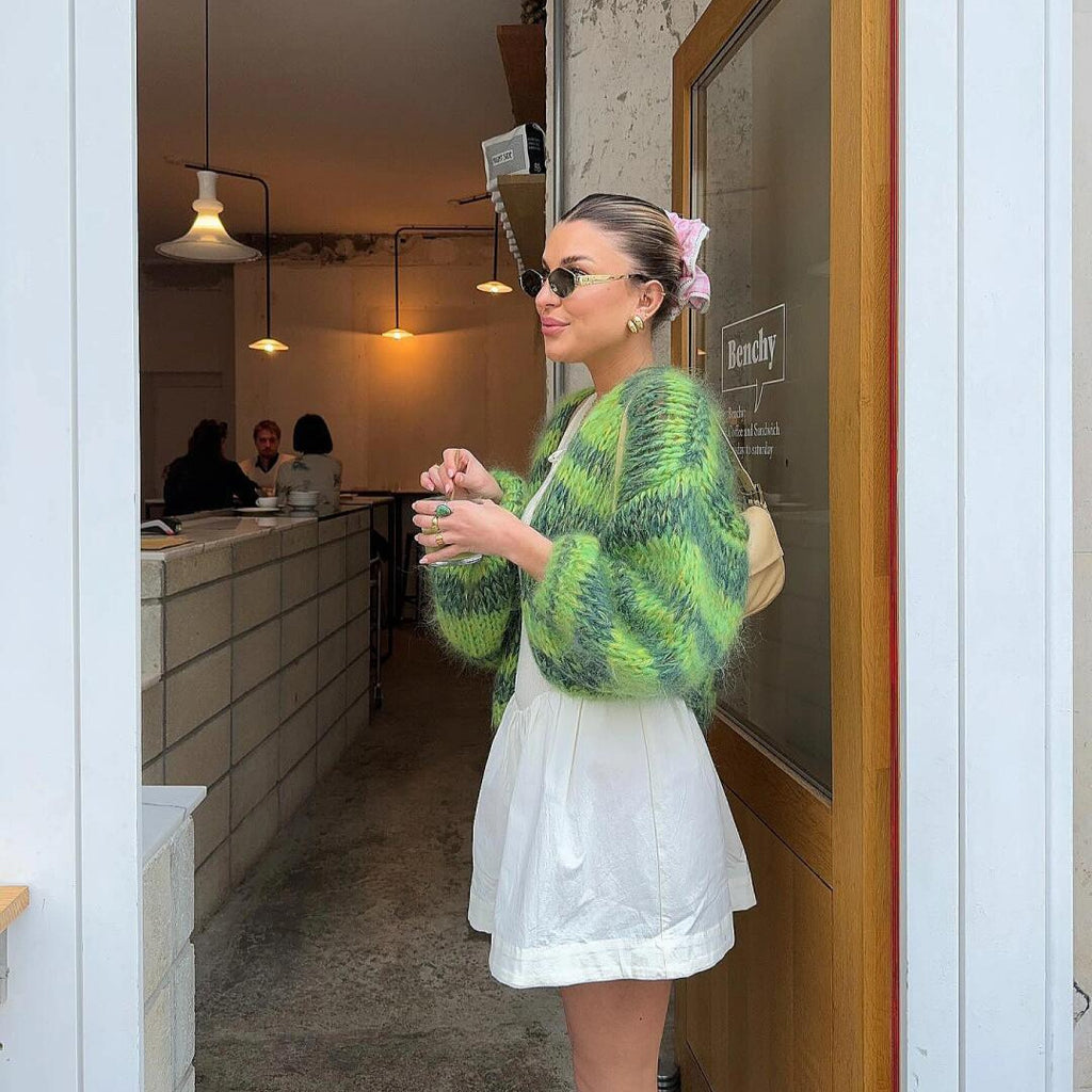 Color Striped Knitted Loose Long Sleeve Short Cardigan