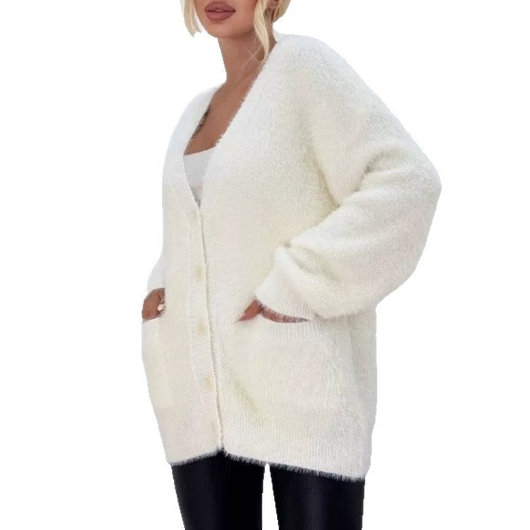 Women's Imitation Mink Pocket Knitted Cardigan For Autumn And Winter