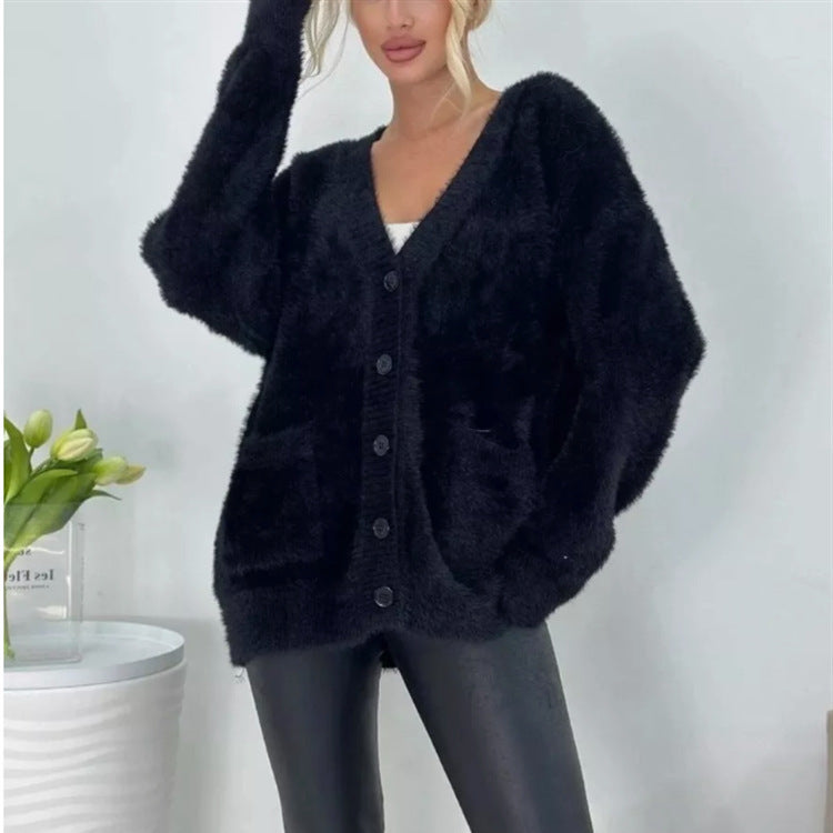 Women's Imitation Mink Pocket Knitted Cardigan For Autumn And Winter