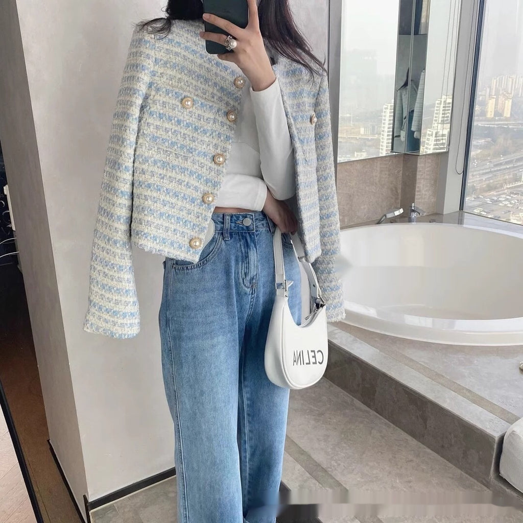 Gentle Milk Blue Pearl Buckle Classic Style Woolen Coat Female