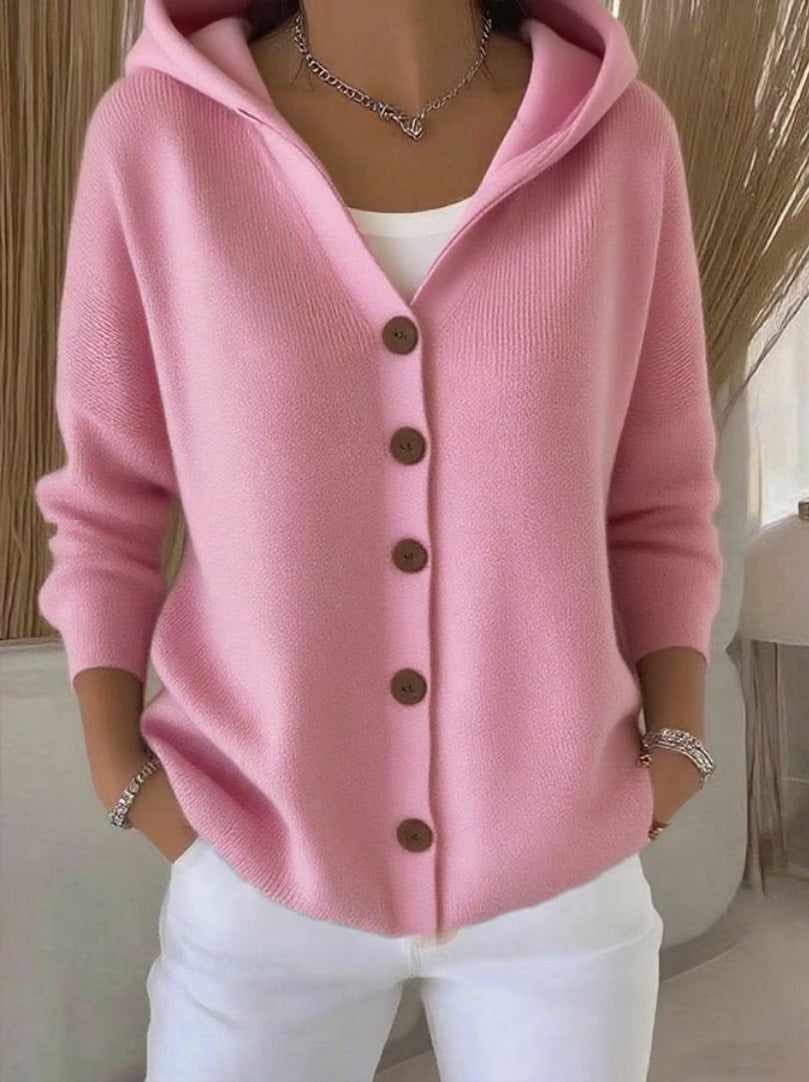 Ins Button Hooded Sweater Fashion Autumn And Winter Knitted Cardigan Casual Commuter Long Sleeve Top Women's Clothing