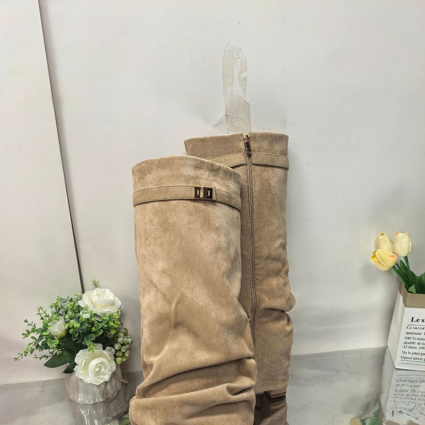 Straight Pleated Metal Buckle Middle Boots Female