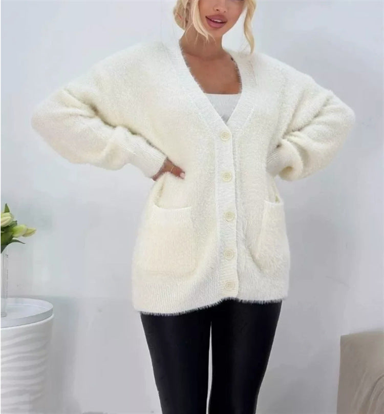 Women's Imitation Mink Pocket Knitted Cardigan For Autumn And Winter