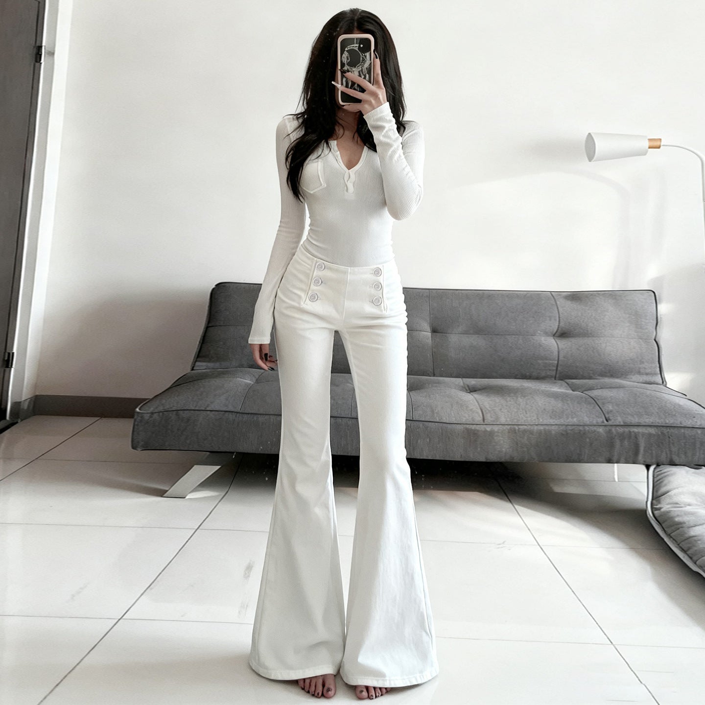 Design Breasted Access Control Waist Slimming And Hip Lifting Denim Trousers