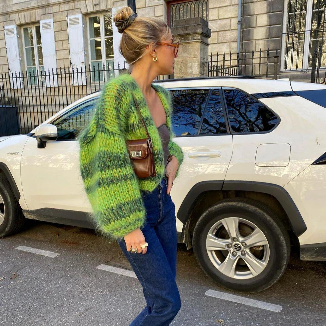 Color Striped Knitted Loose Long Sleeve Short Cardigan