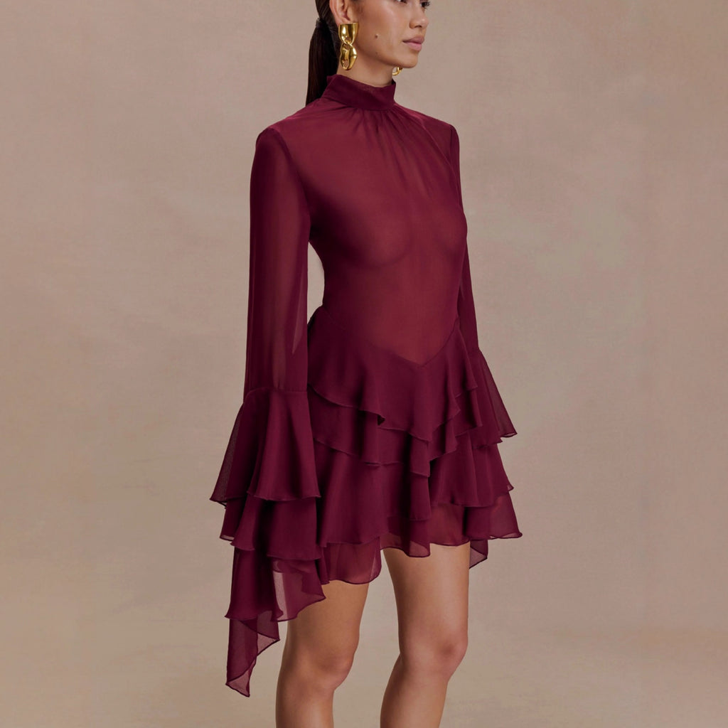 New Elegant Temperament Trumpet Sleeve Sexy Chiffon Dress