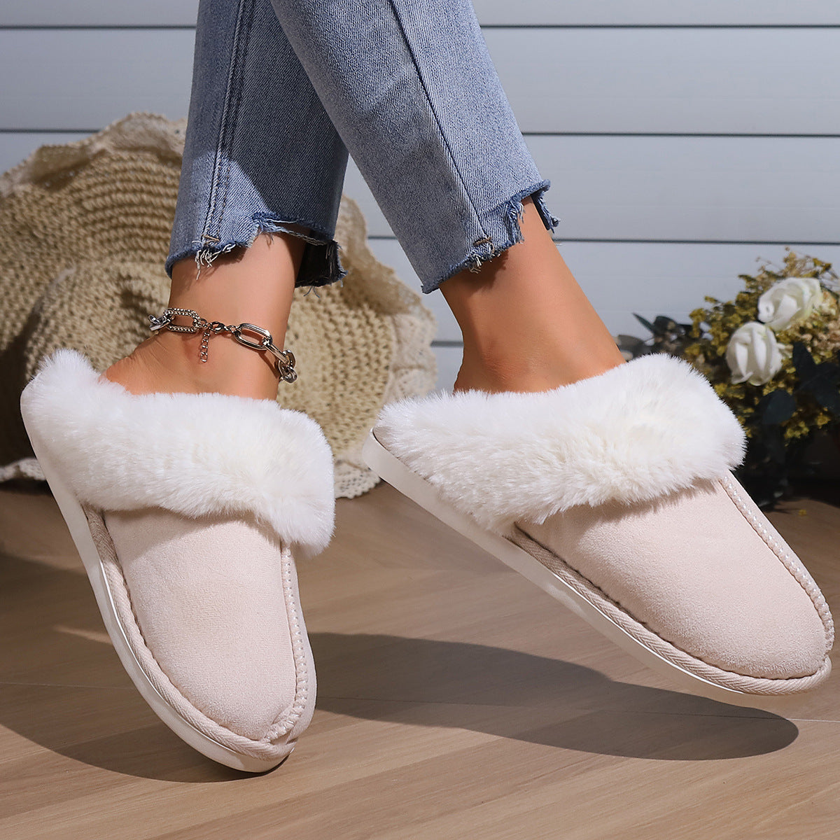 Cotton Slippers Autumn And Winter Fleece-lined Home Fur Toe Cap